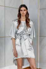 Load and play video in Gallery viewer, Brunette model wearing silver silk dress Celine
