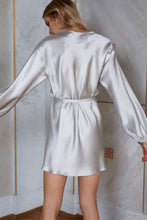 Load image into Gallery viewer, Blonde girl wearing pure satin silk dress Chloe in silver color rear view

