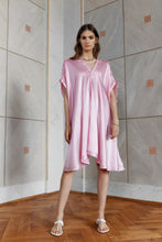 Load image into Gallery viewer, Brunette beauty wearing satin silk kaftan dress Springs in pink color front view
